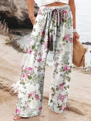 Boho Wide Leg Floral High Waist Full Length Palazzo Pants - Image 2