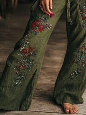 Boho Wide Leg Floral High Waist Full Length Trousers - Image 3