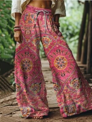Boho Wide Leg Floral High Waist Full Length Chinos - Image 3