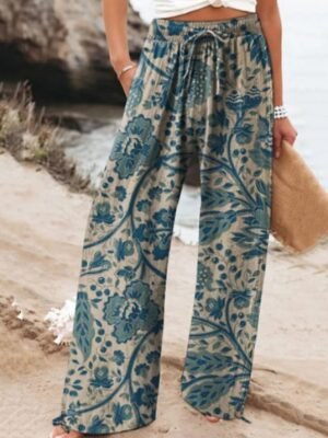 Boho Wide Leg Flower High Waist Full Length Palazzo Trousers - Image 2