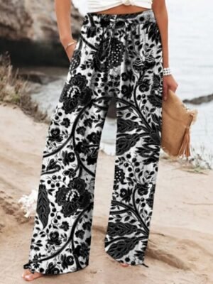 Boho Wide Leg Flower High Waist Full Length Palazzo Trousers - Image 4
