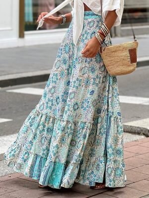 Casual A Line Floral Geometric High Waist Maxi Skirt - Image 1