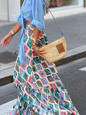 Casual A Line Floral Geometric High Waist Maxi Skirt - Image 10
