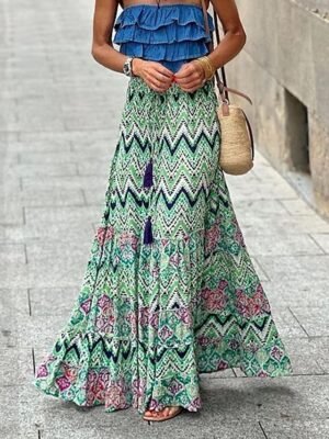 Casual A Line Floral Geometric High Waist Maxi Skirt - Image 11