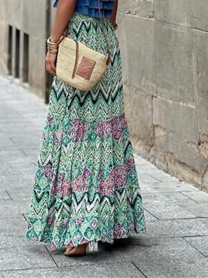Casual A Line Floral Geometric High Waist Maxi Skirt - Image 12
