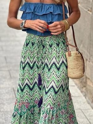 Casual A Line Floral Geometric High Waist Maxi Skirt - Image 13