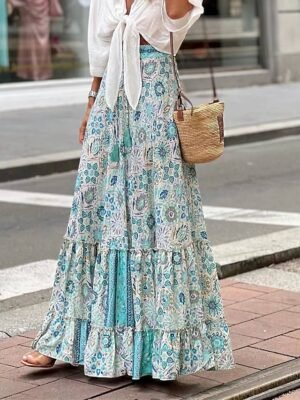 Casual A Line Floral Geometric High Waist Maxi Skirt - Image 2