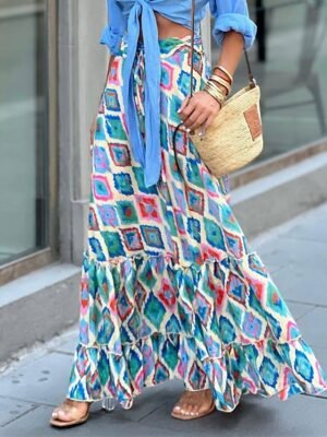 Casual A Line Floral Geometric High Waist Maxi Skirt - Image 4