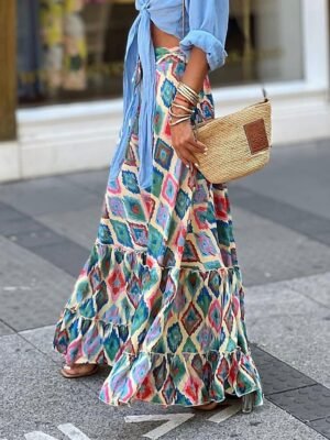 Casual A Line Floral Geometric High Waist Maxi Skirt - Image 5
