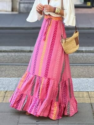 Casual A Line Floral Geometric High Waist Maxi Skirt - Image 8