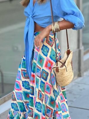 Casual A Line Floral Geometric High Waist Maxi Skirt - Image 9