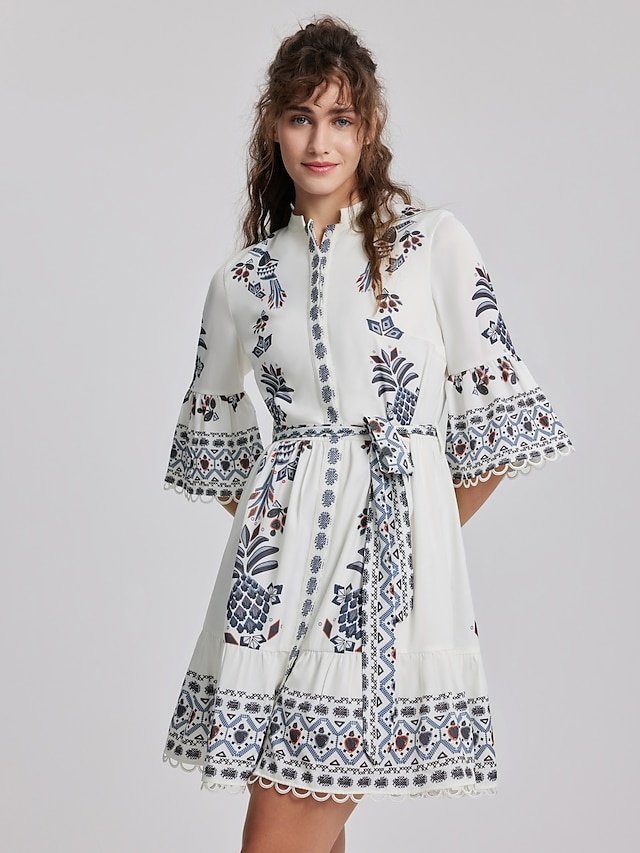 Casual A-Line Floral Geometric Split Neck Flared Sleeve Midi Dress - Image 1