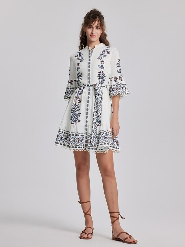 Casual A-Line Floral Geometric Split Neck Flared Sleeve Midi Dress - Image 2