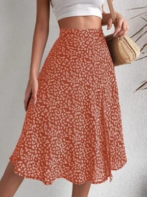 Casual A Line Floral Mid Rise Knee-Length Skirt - Image 3