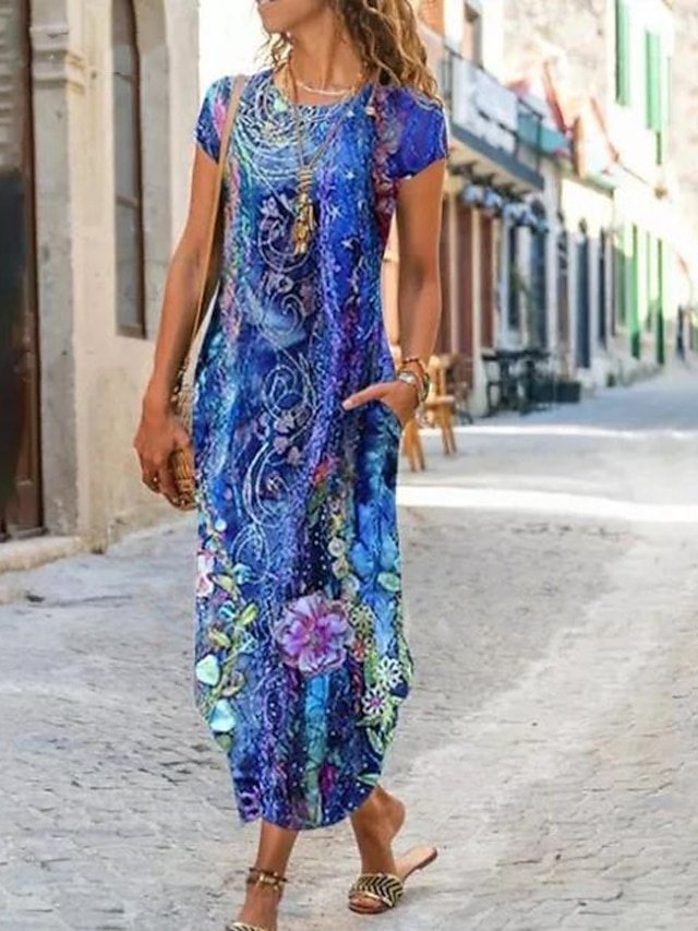 Casual A-Line Floral Round Neck Short Sleeve Maxi Dress - Image 1