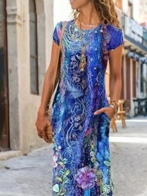 Casual A-Line Floral Round Neck Short Sleeve Maxi Dress - Image 2