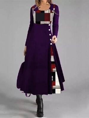Casual A-Line Geometric Round Neck Long Sleeve Midi Dress - Image 2