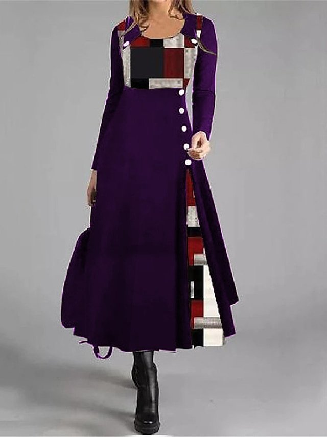 Casual A-Line Geometric Round Neck Long Sleeve Midi Dress - Image 2