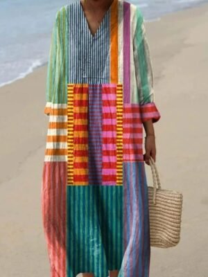 Casual A Line Graphic V Neck Long Sleeve Midi Dress - Image 1