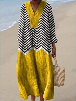 Casual A Line Graphic V Neck Long Sleeve Midi Dress - Image 2