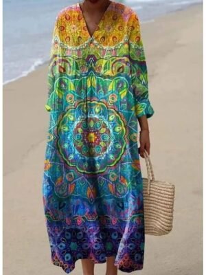 Casual A Line Graphic V Neck Long Sleeve Midi Dress - Image 3