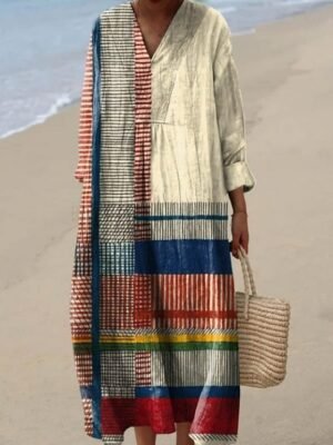 Casual A Line Graphic V Neck Long Sleeve Midi Dress - Image 4