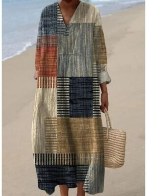 Casual A Line Graphic V Neck Long Sleeve Midi Dress - Image 5