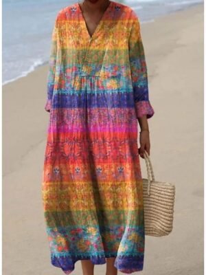 Casual A Line Graphic V Neck Long Sleeve Midi Dress - Image 6
