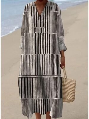 Casual A Line Graphic V Neck Long Sleeve Midi Dress - Image 7