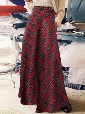 Casual A-Line Plaid Pocket Maxi Skirt - Image 1