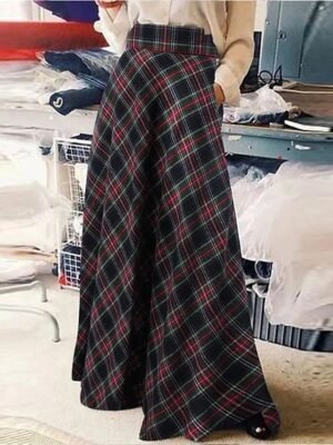 Casual A-Line Plaid Pocket Maxi Skirt - Image 5