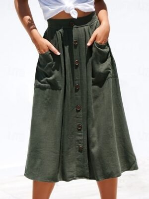 Casual A-Line Plain High Waist Midi Skirt - Image 1