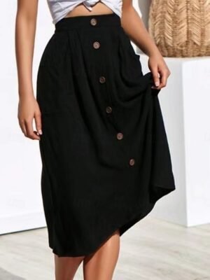 Casual A-Line Plain High Waist Midi Skirt - Image 11