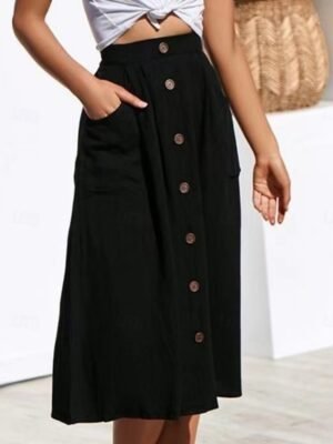 Casual A-Line Plain High Waist Midi Skirt - Image 12