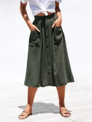 Casual A-Line Plain High Waist Midi Skirt - Image 2