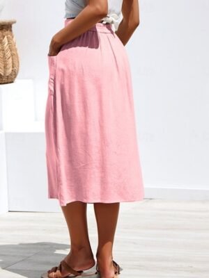 Casual A-Line Plain High Waist Midi Skirt - Image 4