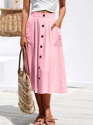 Casual A-Line Plain High Waist Midi Skirt - Image 5