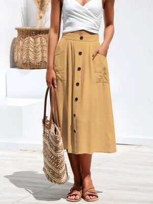 Casual A-Line Plain High Waist Midi Skirt - Image 6
