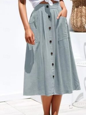 Casual A-Line Plain High Waist Midi Skirt - Image 8