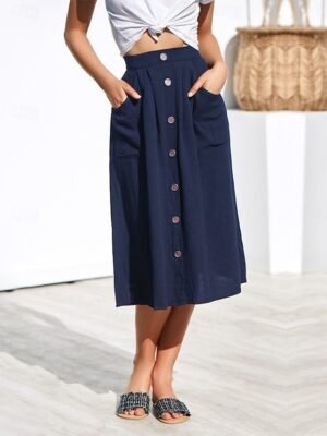 Casual A-Line Plain High Waist Midi Skirt - Image 9