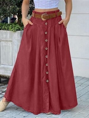 Casual A Line Solid High Waist Long Maxi Skirt - Image 4