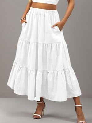 Casual A Line Solid Ruffle Maxi Skirt - Image 1