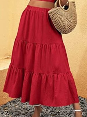 Casual A Line Solid Ruffle Maxi Skirt - Image 12