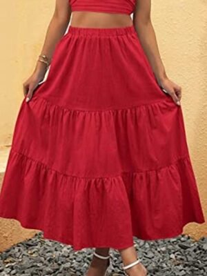 Casual A Line Solid Ruffle Maxi Skirt - Image 13