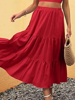 Casual A Line Solid Ruffle Maxi Skirt - Image 14
