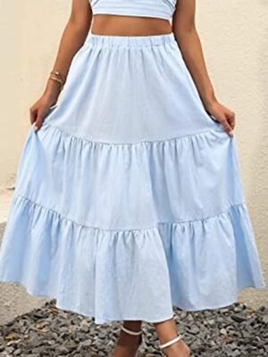 Casual A Line Solid Ruffle Maxi Skirt - Image 17