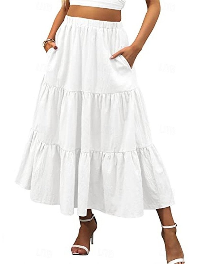 Casual A Line Solid Ruffle Maxi Skirt - Image 2
