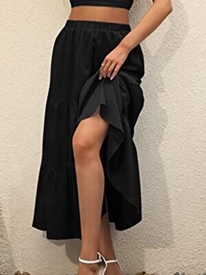 Casual A Line Solid Ruffle Maxi Skirt - Image 20