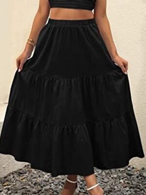 Casual A Line Solid Ruffle Maxi Skirt - Image 21