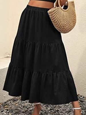 Casual A Line Solid Ruffle Maxi Skirt - Image 24